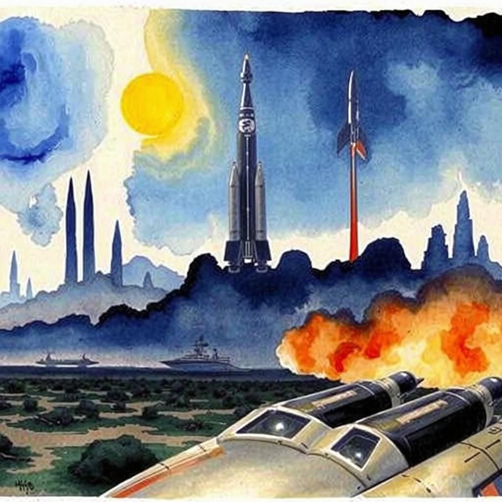 Retro Rocket Landing: A Watercolor Sci-Fi Scene