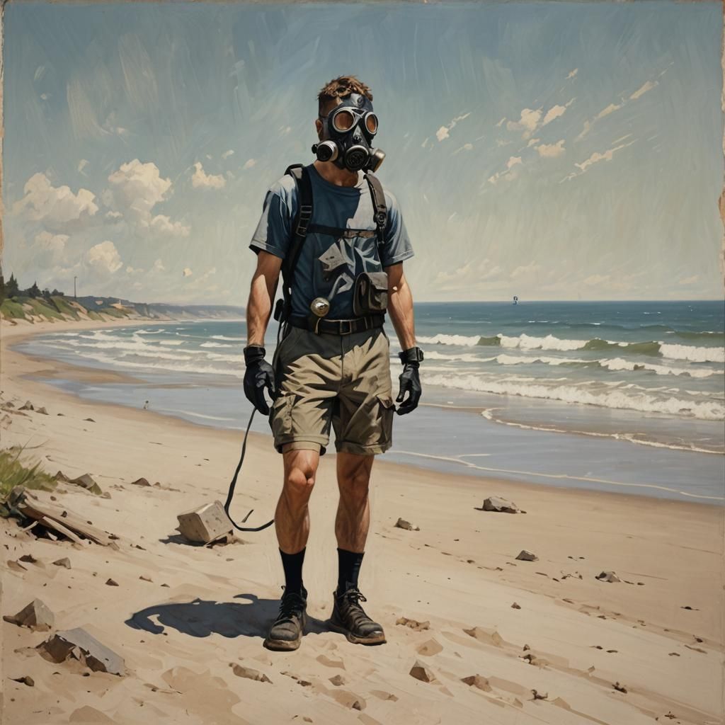 Sinister Man on Beach with Gas Mask