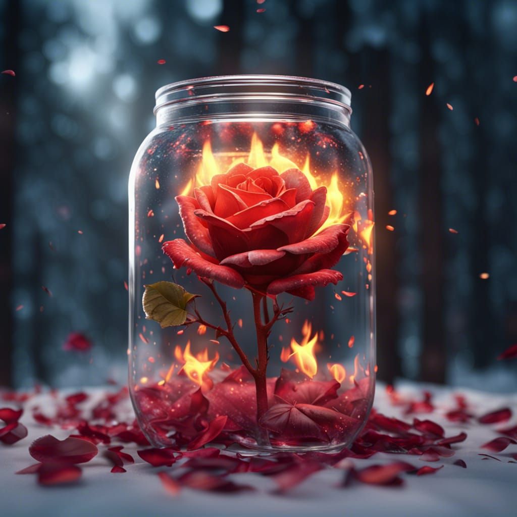 Flaming Rose in Winter Forest, Hyperrealistic