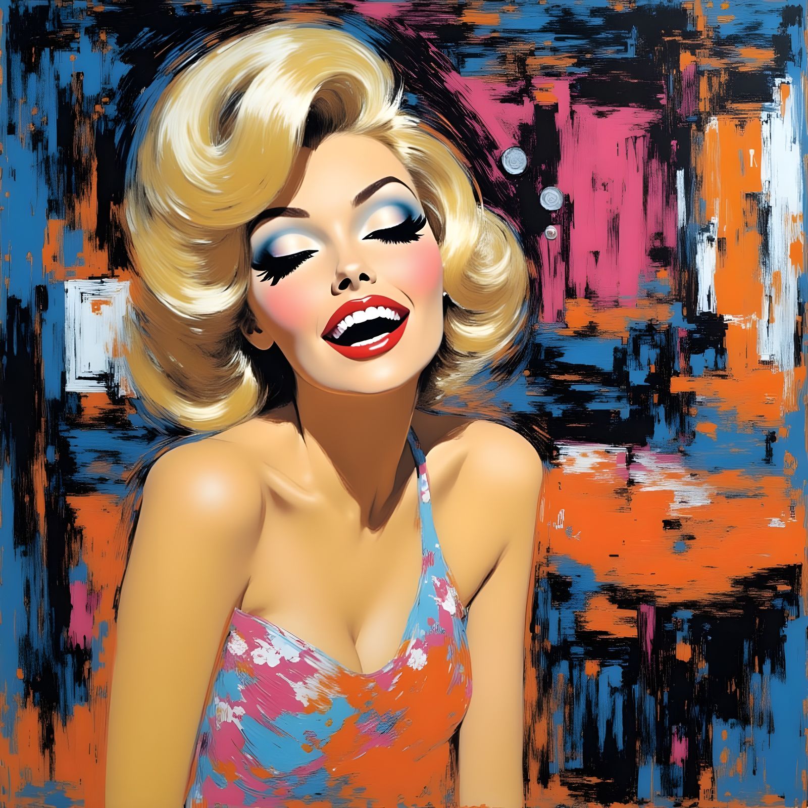 Excited Blonde Woman in 1960s Impasto Portrait