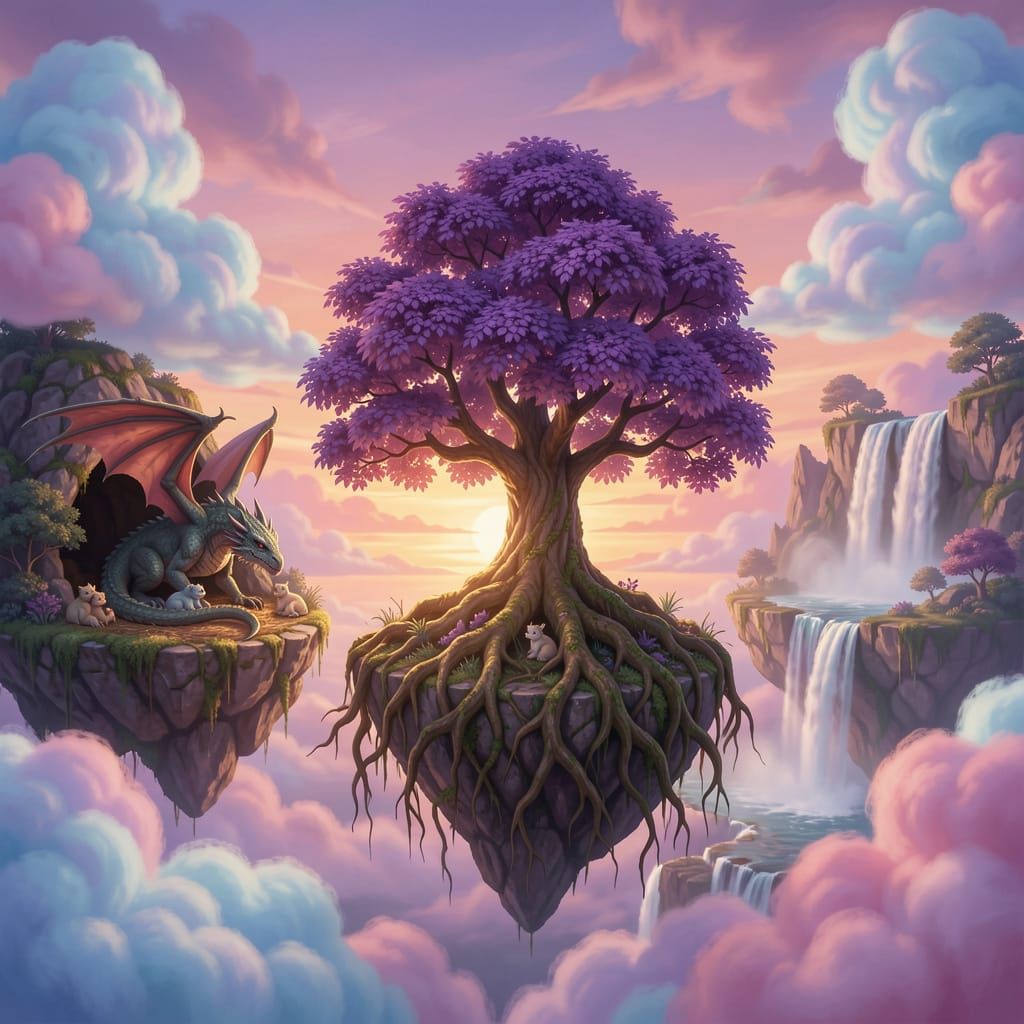 Fantasy Matte Painting of Floating Islands and Dragons