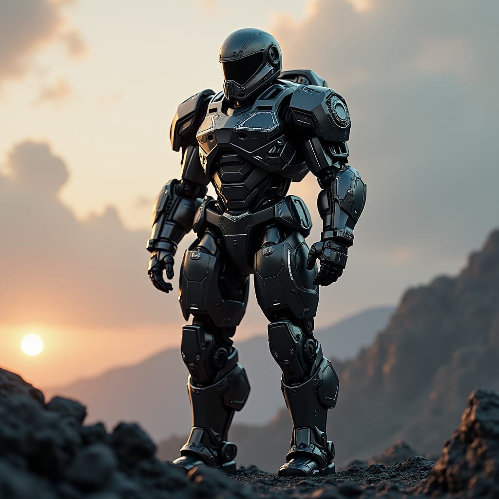 Heroic Dark Trooper in Sci-Fi Landscape