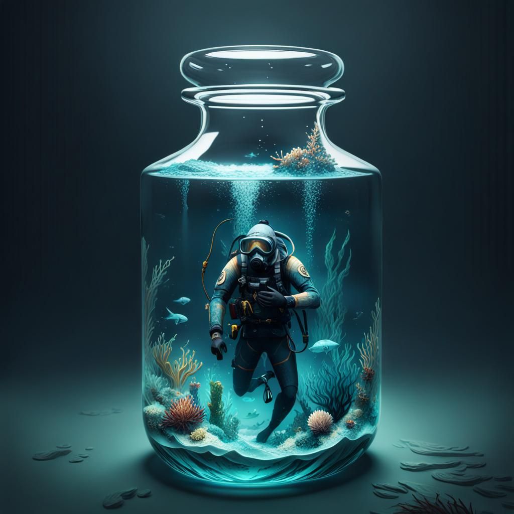 Scuba Diver in a Bottle: 3D Rendered Art