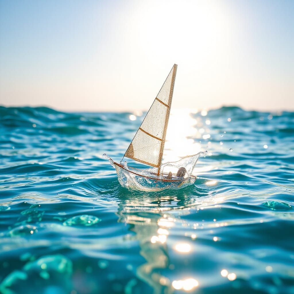 Water Drop Transforms into Sailboat on Sparkling Tropic Ocea...