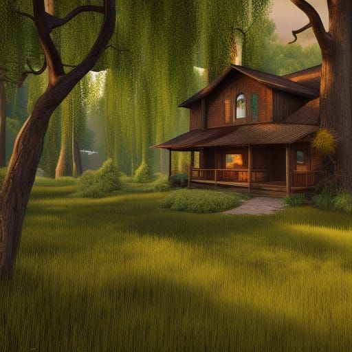 Southern Home in Willow Forest: Detailed Matte Painting