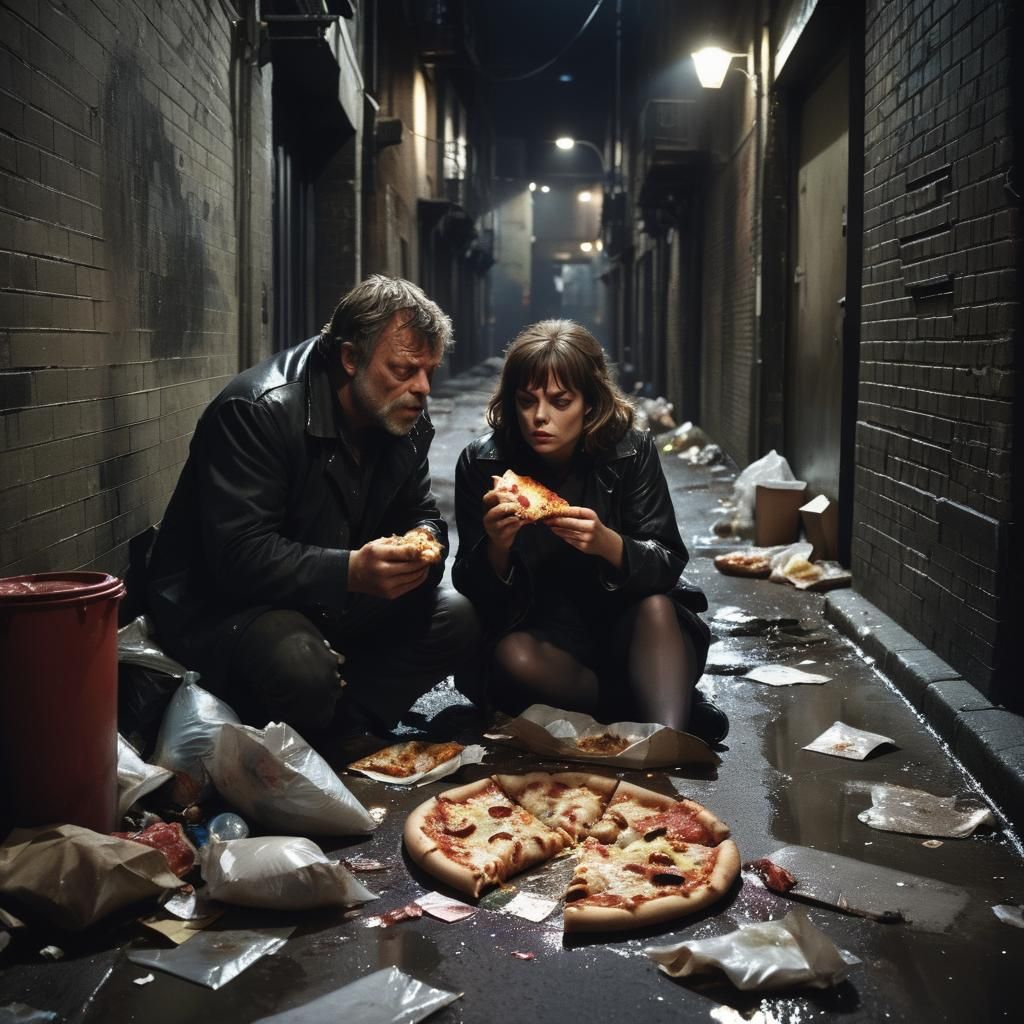 Gritty Urban Couple Enjoy Pizza in a Rainy Alleyway