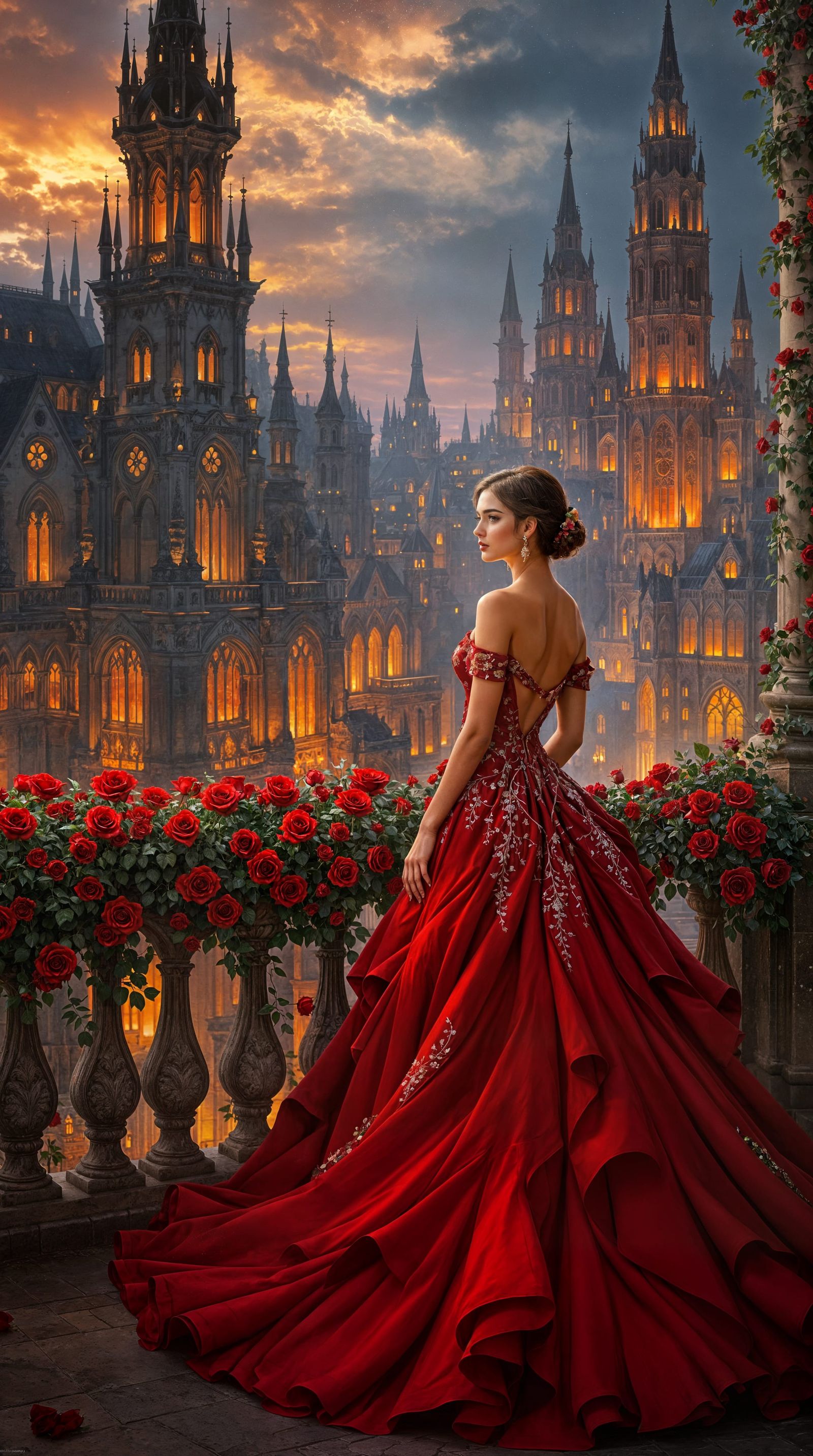 Romantic Hyperrealist Painting of Scarlet Gown Over Gothic C...
