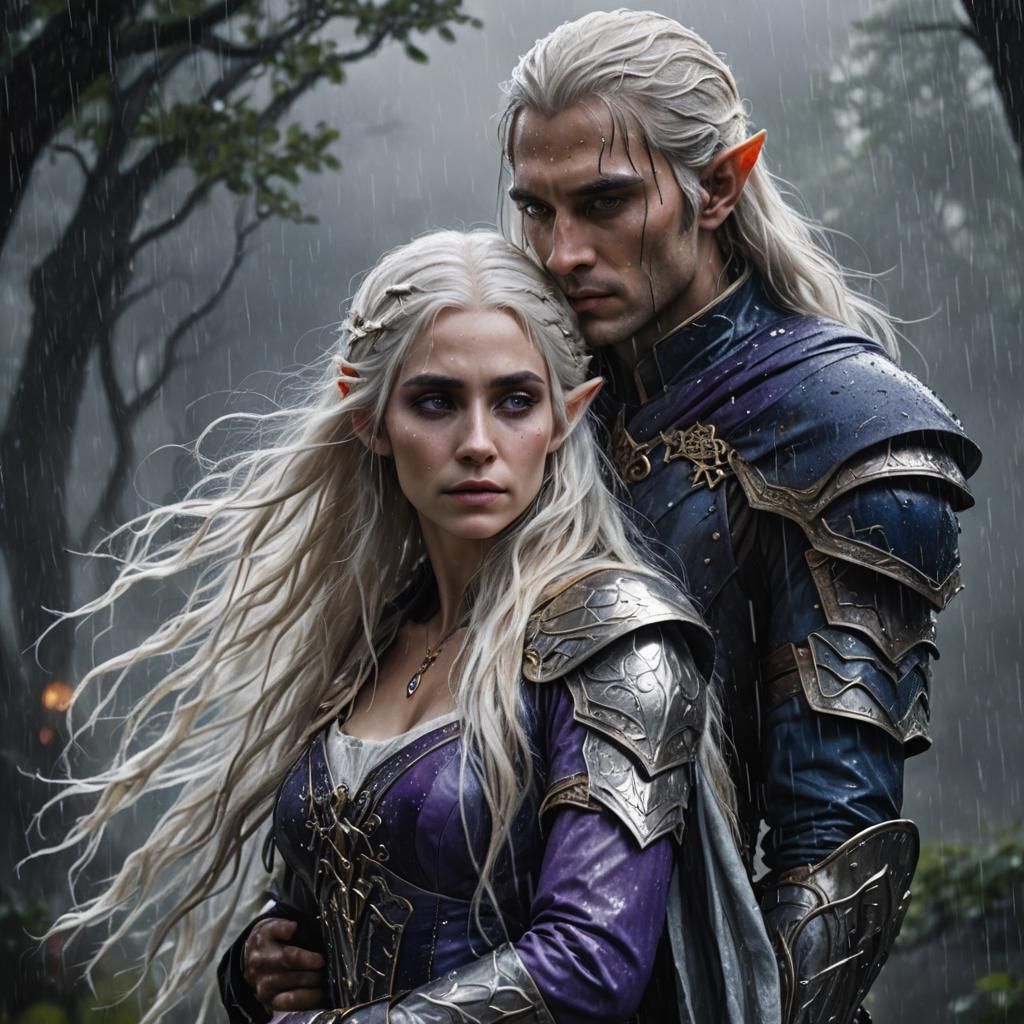 Gothic Fantasy Elf Protects Woman in Rain