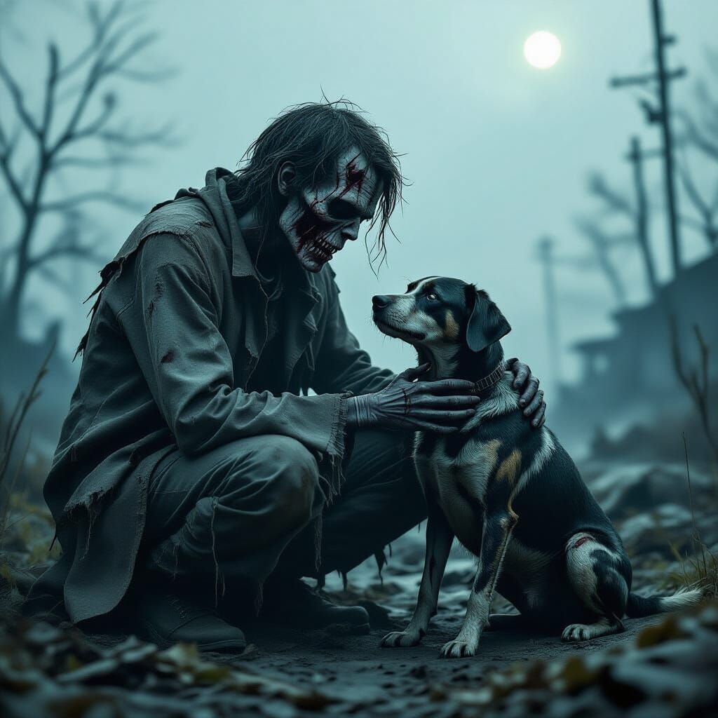Emotional Zombie Petting Undead Dog in Post-Apocalyptic Scen...