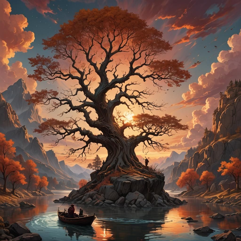 Baroque Sunset Scene with Tree on Rocks