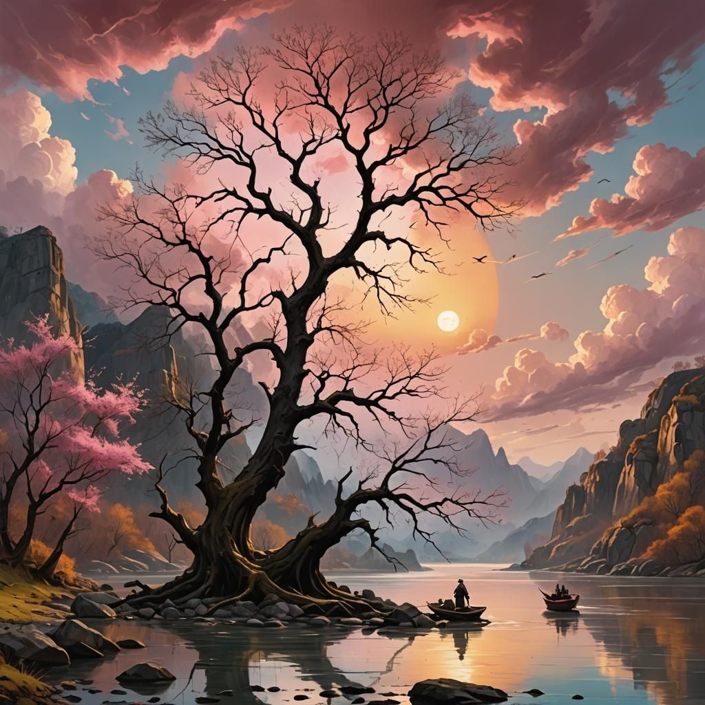 River Sunset Oil Painting in Unreal Engine 5 Style