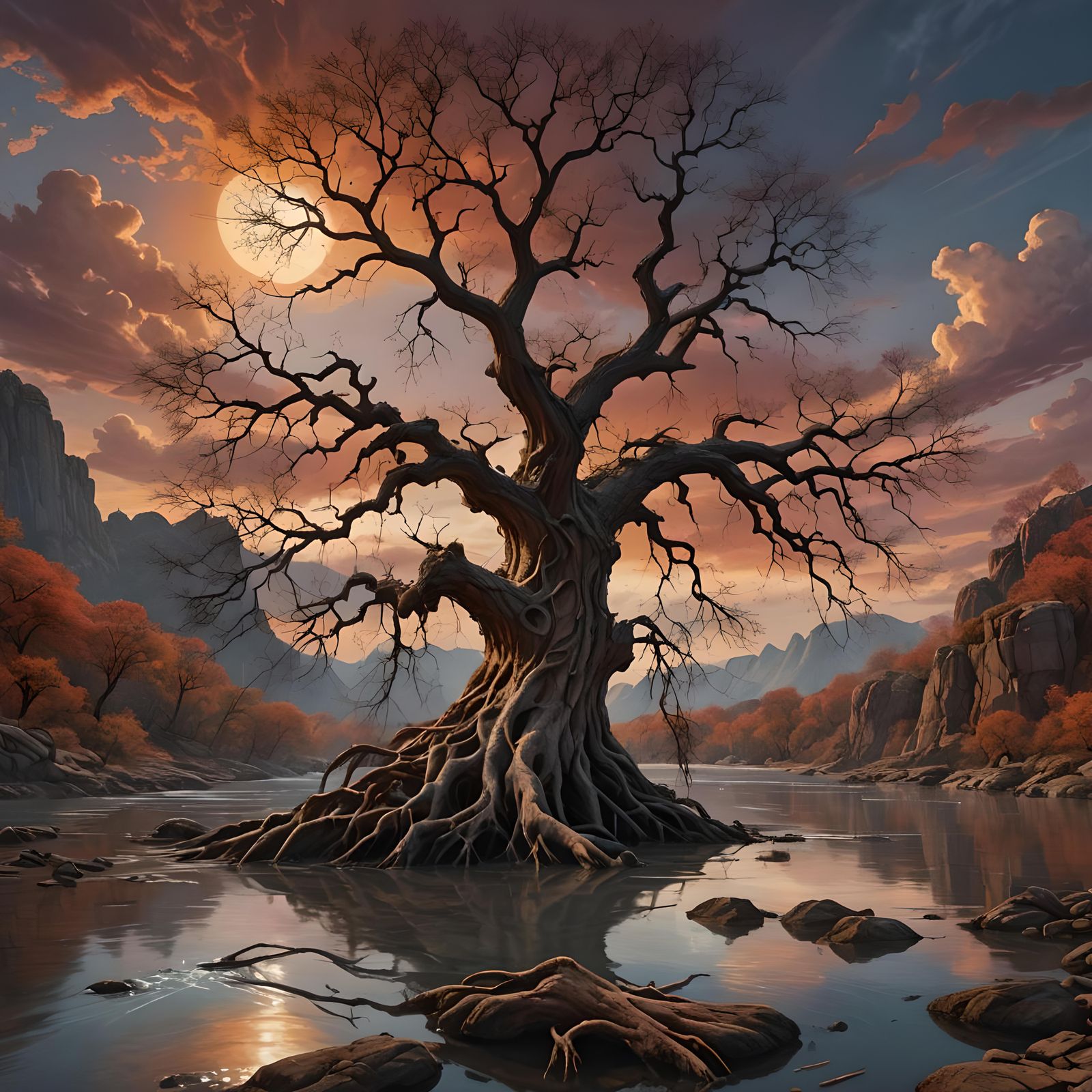 Bare Tree at Sunset in River Scene