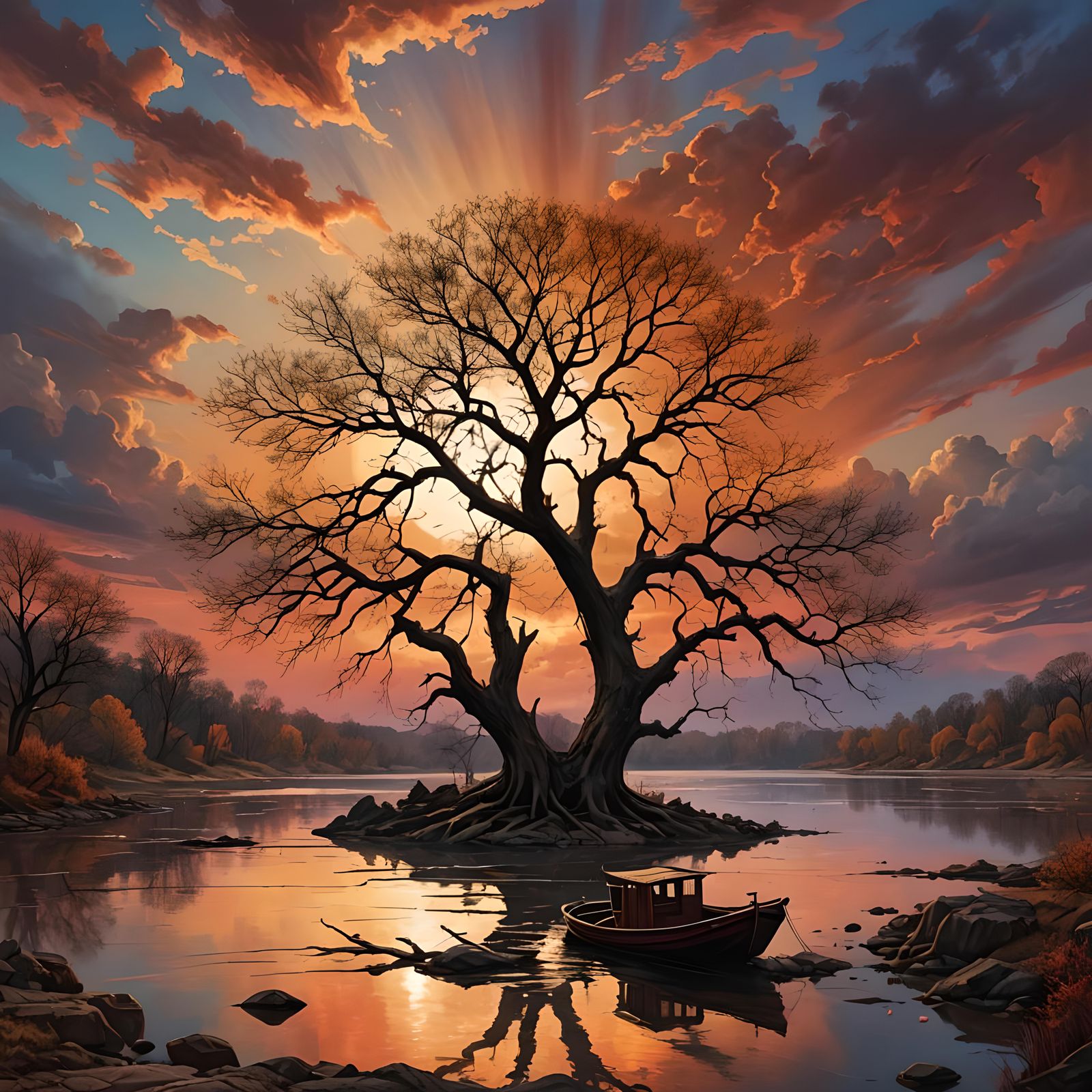 Bare Tree at Sunset in a River Landscape