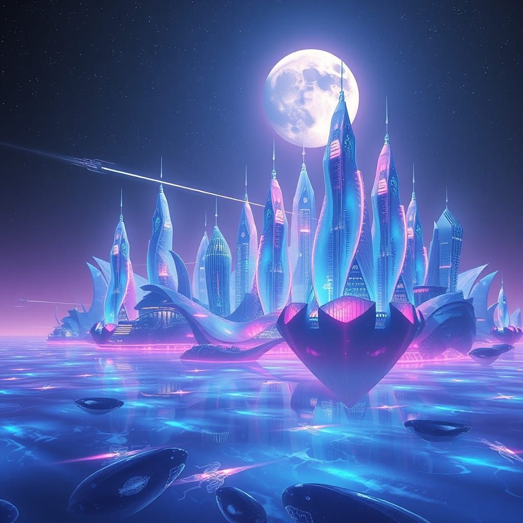 Bioluminescent Cityscape on Iridescent Ocean in Dreamscape