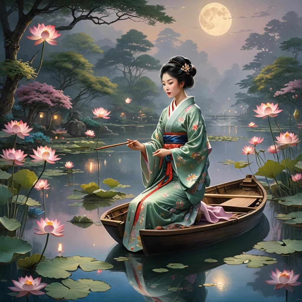 Kimono Woman Plays Kokyū on Moonlit Lotus Pond