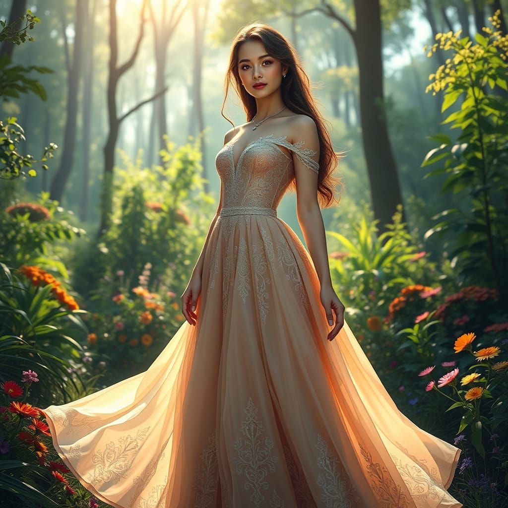 a young woman in a flowing gown, standing amidst a sunlit forest. This captivating image showcases the harmony between f...