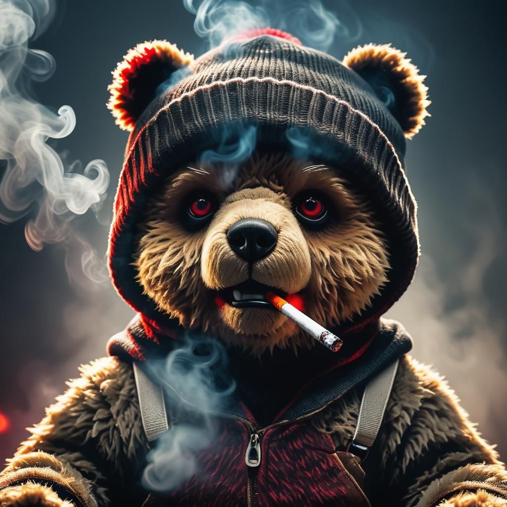 Teddy Bear Smoking Cigarette, Photorealistic Cinematic Still