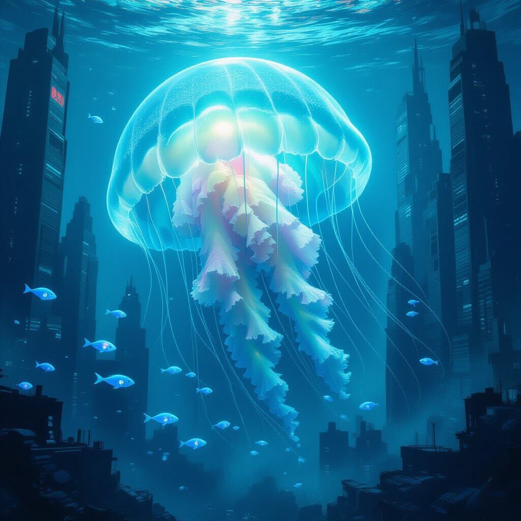 Bioluminescent Jellyfish in Underwater City, Animated Style