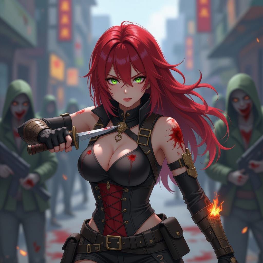 Fiery Haired Woman Battles Zombie Horde in Anime Style