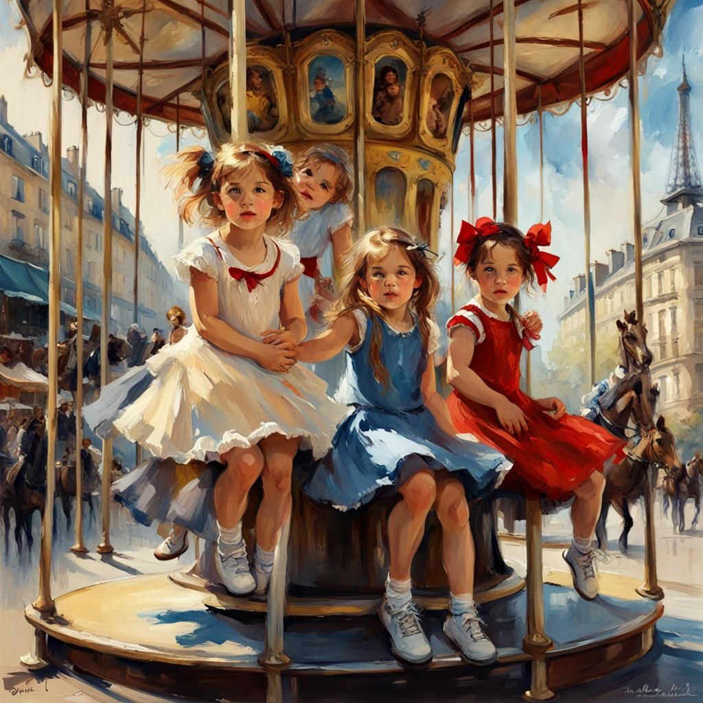 Girls on Parisian Carousel in 3D Watercolor Style