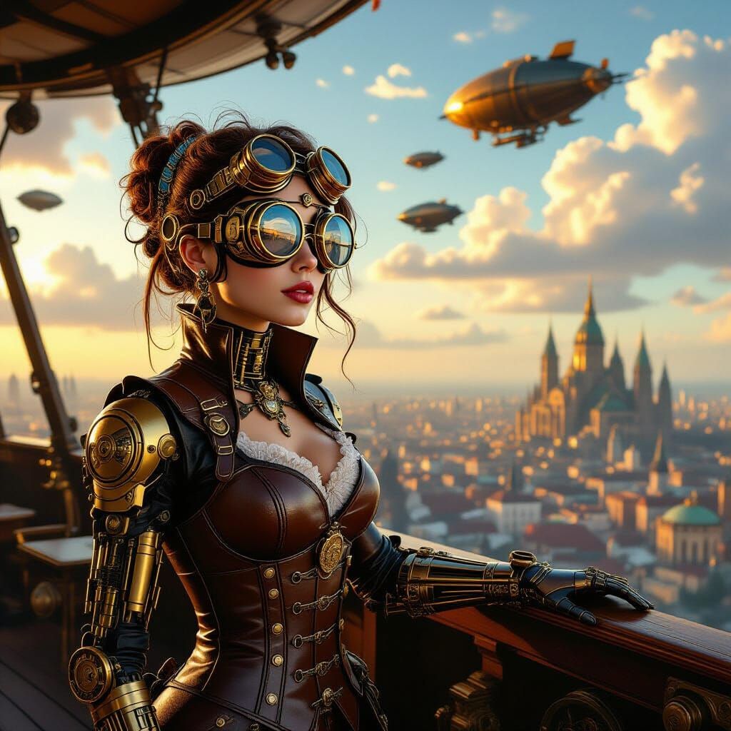 Steampunk Airship Captain Overlooks Victorian Cityscape