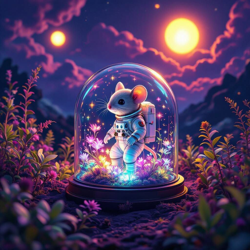 Astronaut Mouse Among Alien Flora, Cosmic Botanical Art