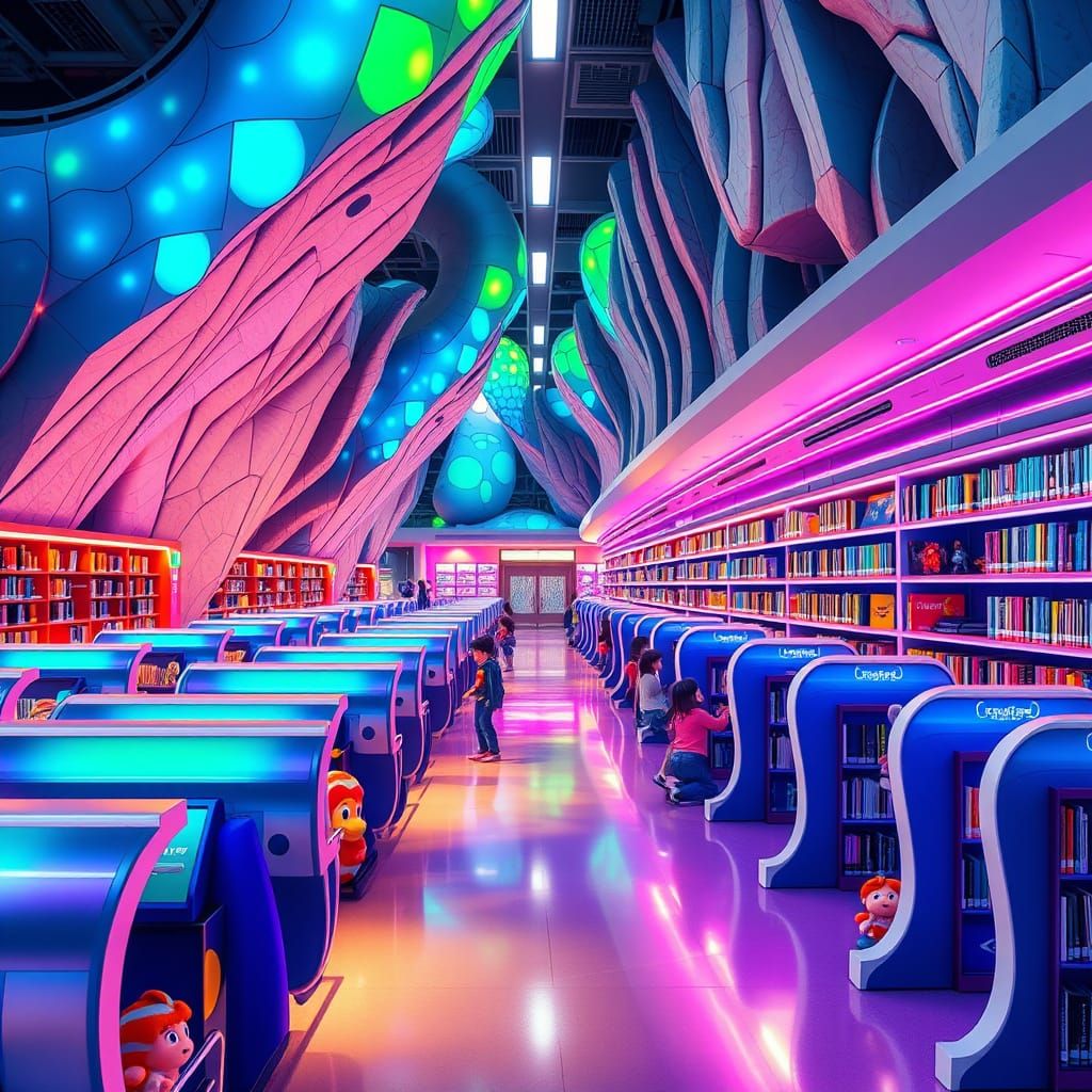 Futuristic Videogamerocktopia Elementary School Library in V...