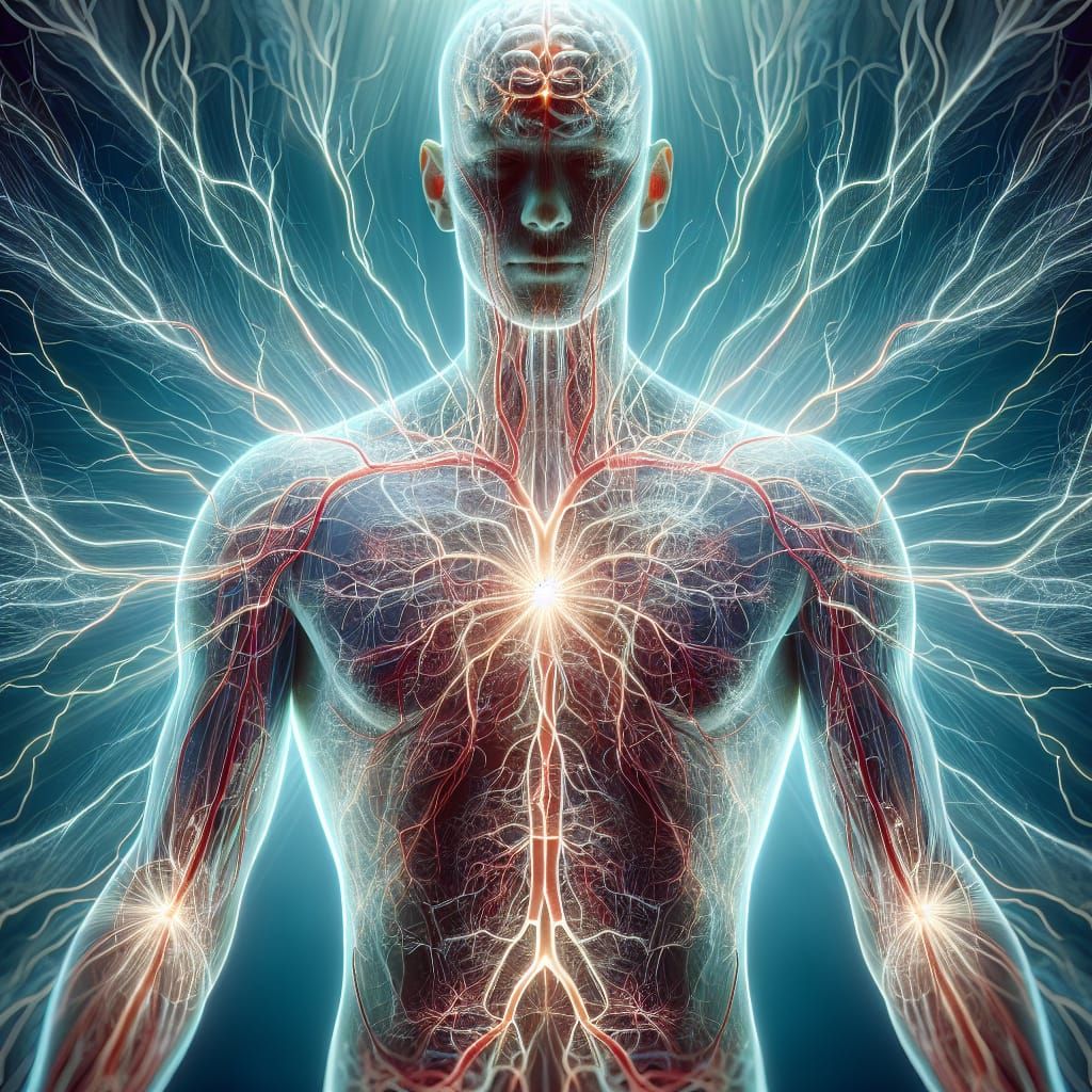 Detailed Human Anatomy Illustration with Glowing Systems