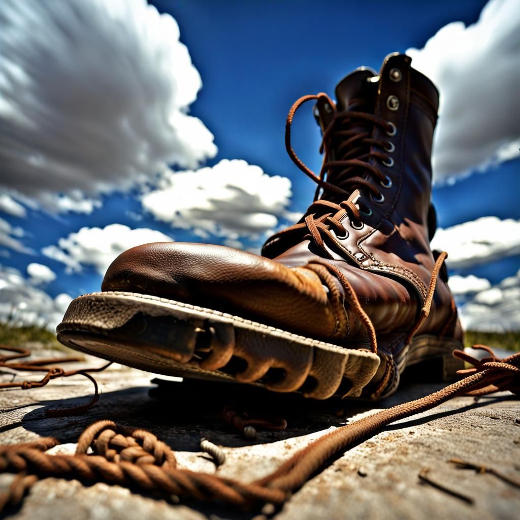 Low Angle View of Worn Leather Workboot