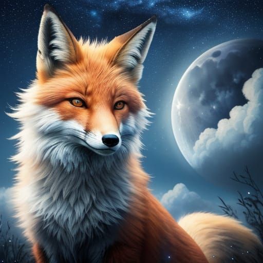 Surreal Fox in Dreamlike Moonlit Sky