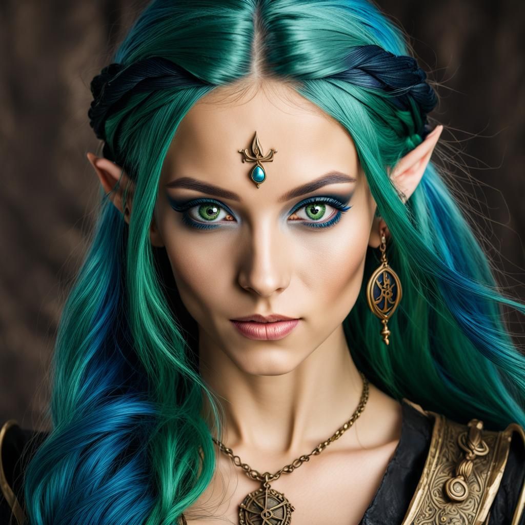 Half-Elf Pirate Woman Portrait with Blue Hair