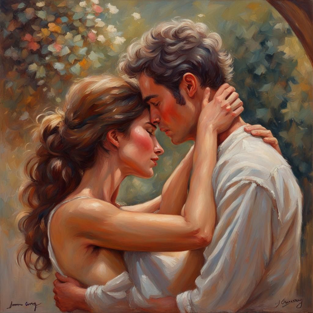 Loving Couple Embrace: An Oil Painting