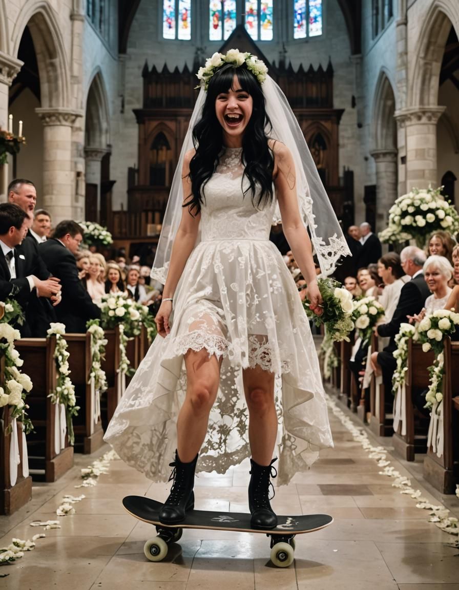 Goth Bride on Skateboard Rides Church Aisle