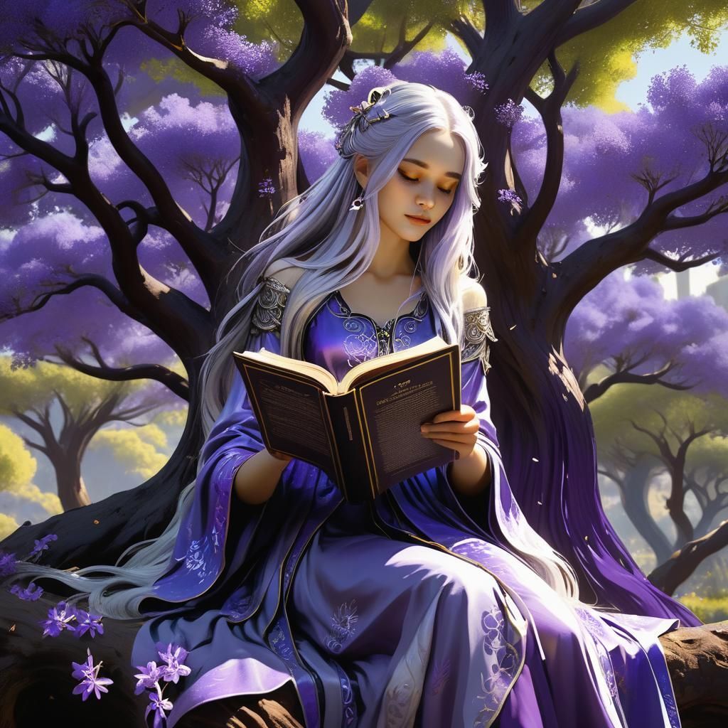Silver Haired Girl Reading Under Jacaranda Tree