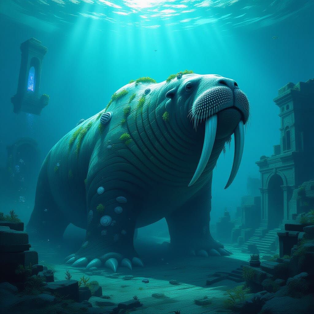 Ancient Walrus Guards Sunken City in Ethereal Glow
