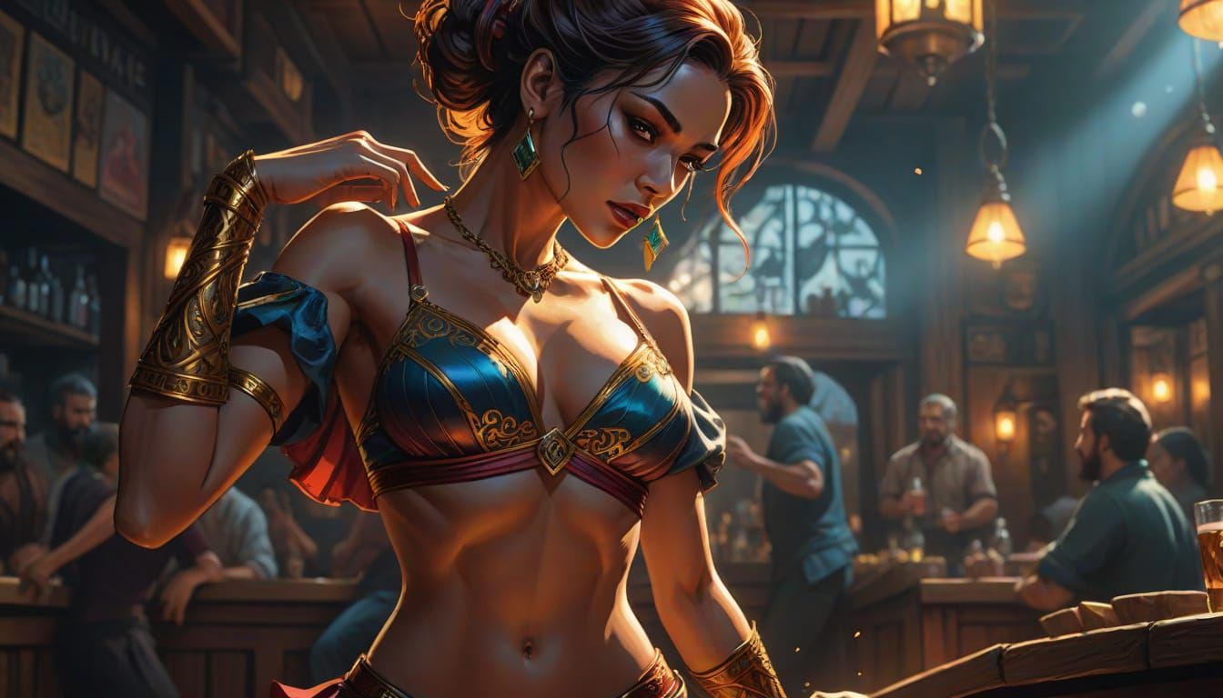 Dynamic Female Dancer in a Vibrant Mevidian Tavern