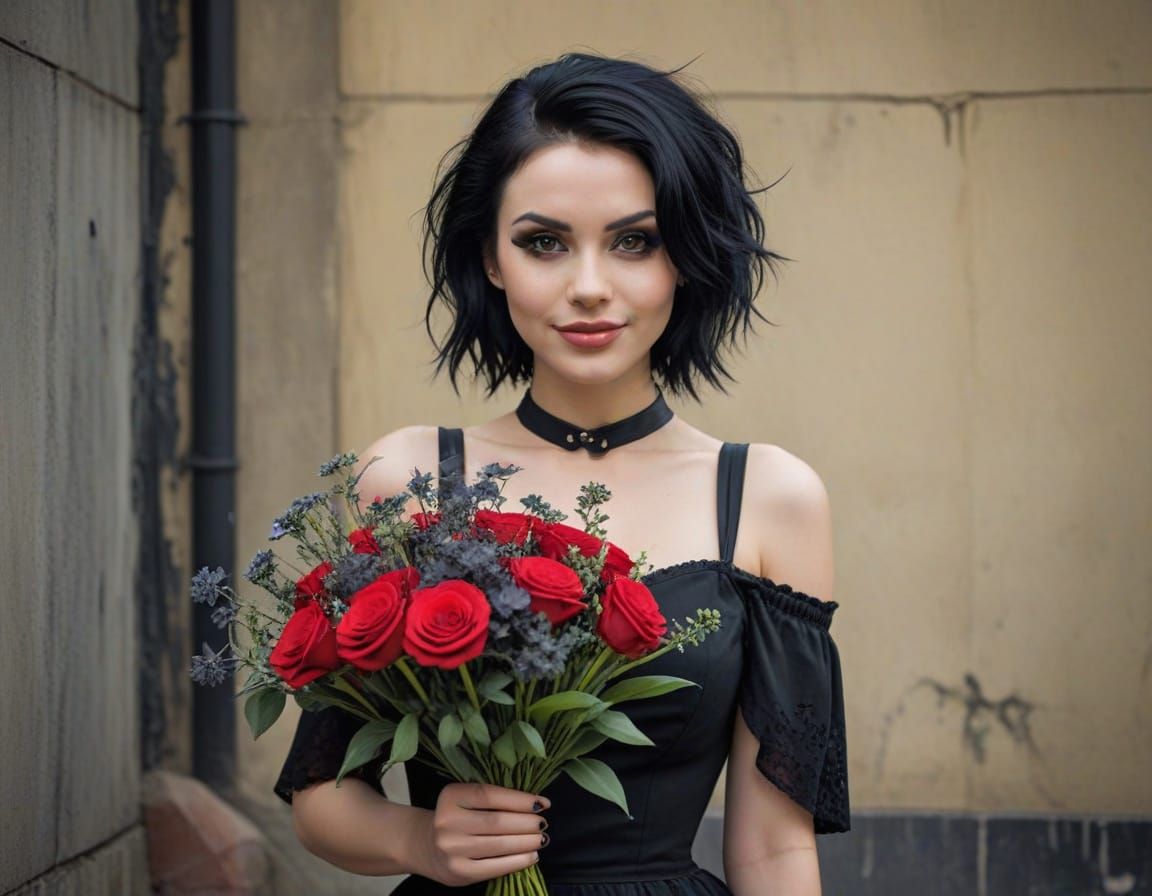 Goth Pin-Up Girl with Vibrant Flowers