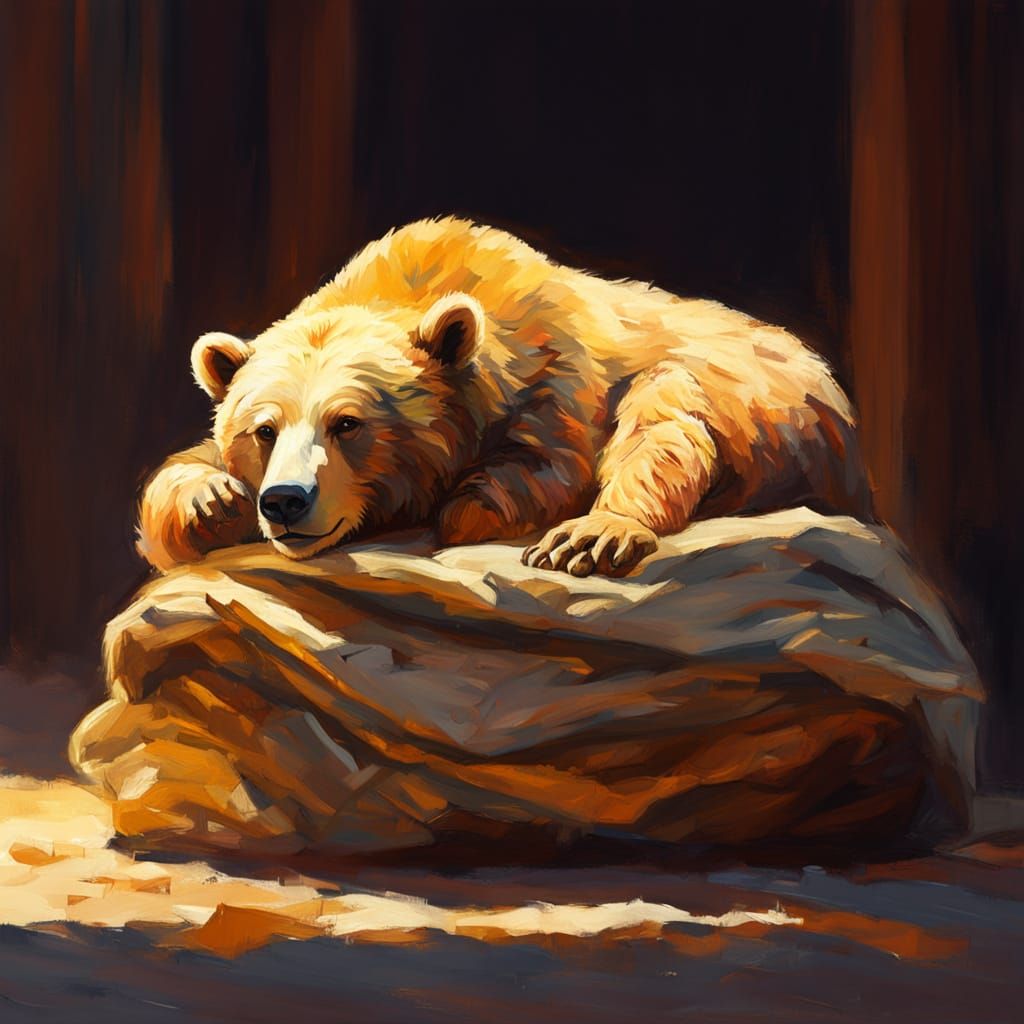 Friendly Bear Sleeps Peacefully on Gold in Impressionist Sty...
