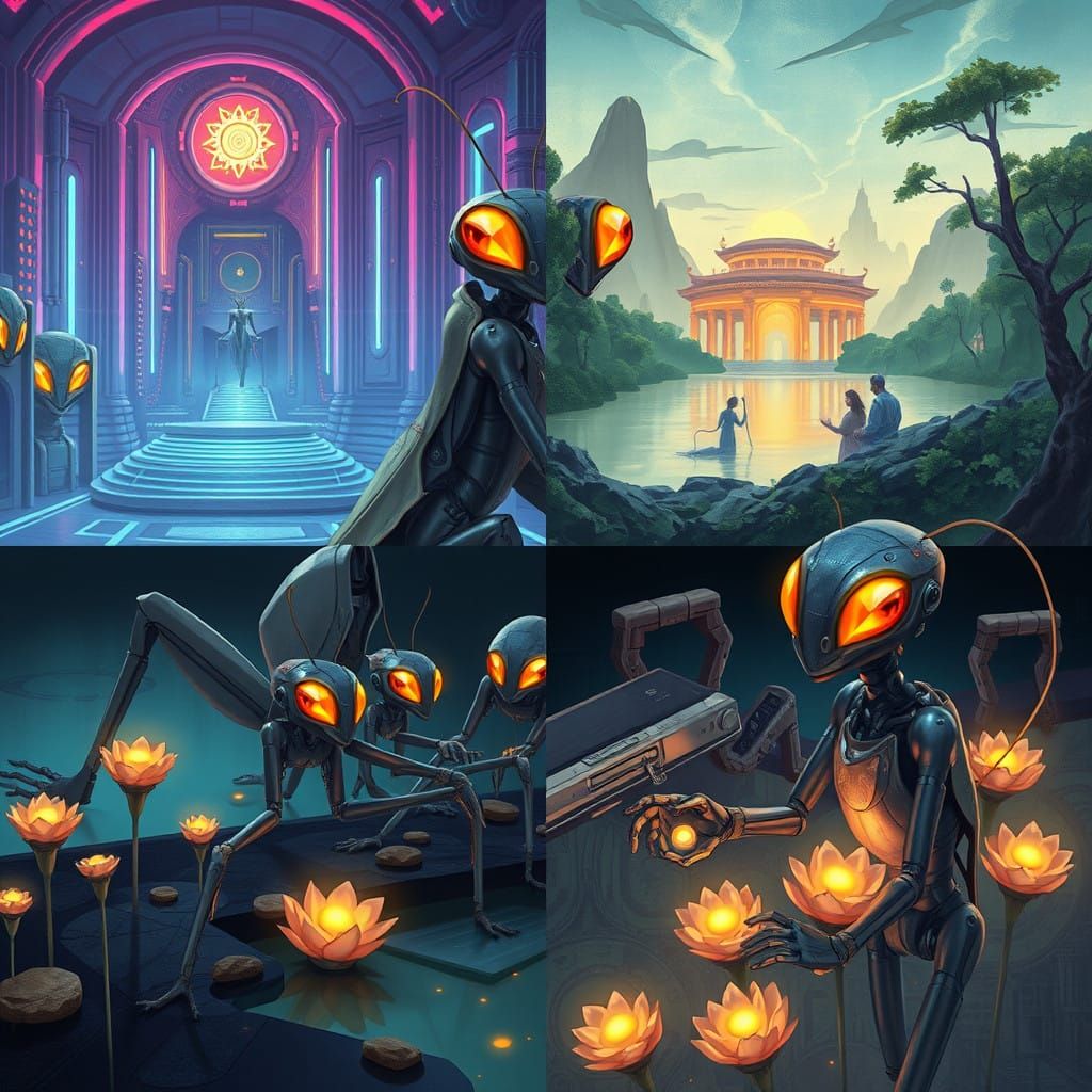 Cyborg Praying Mantis Meditates in Futuristic Neon Temple