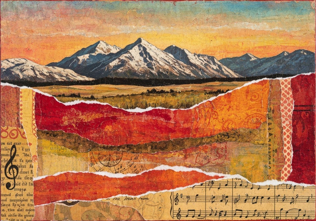 Mixed Media Mountain Range Collage with Warm Colors