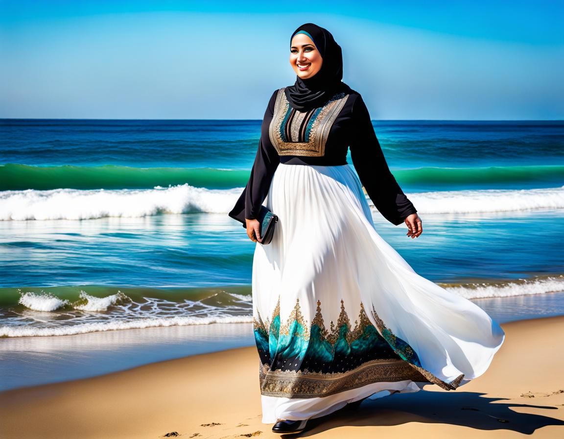Psychedelic Portrait of Hijabi Woman Walking by Sea