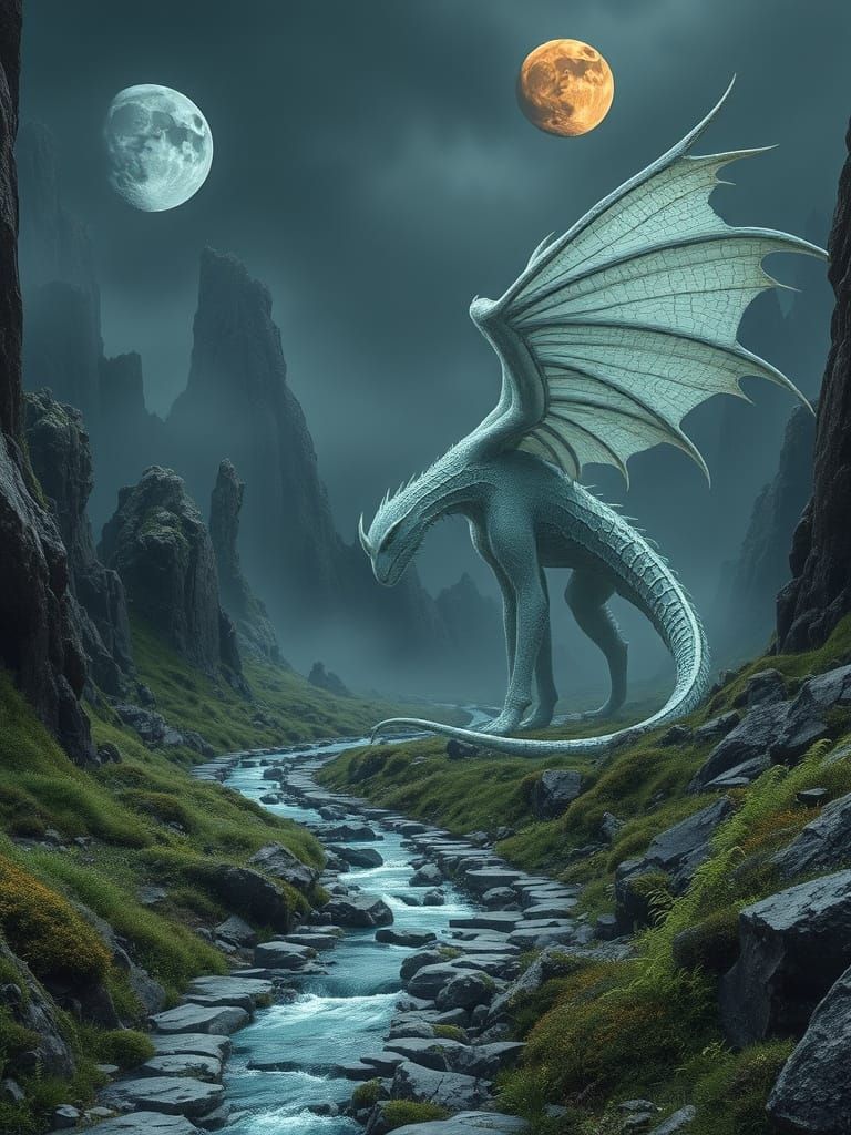 Surreal Landscape of Two Moons, Serpentine Path, and Mythic ...