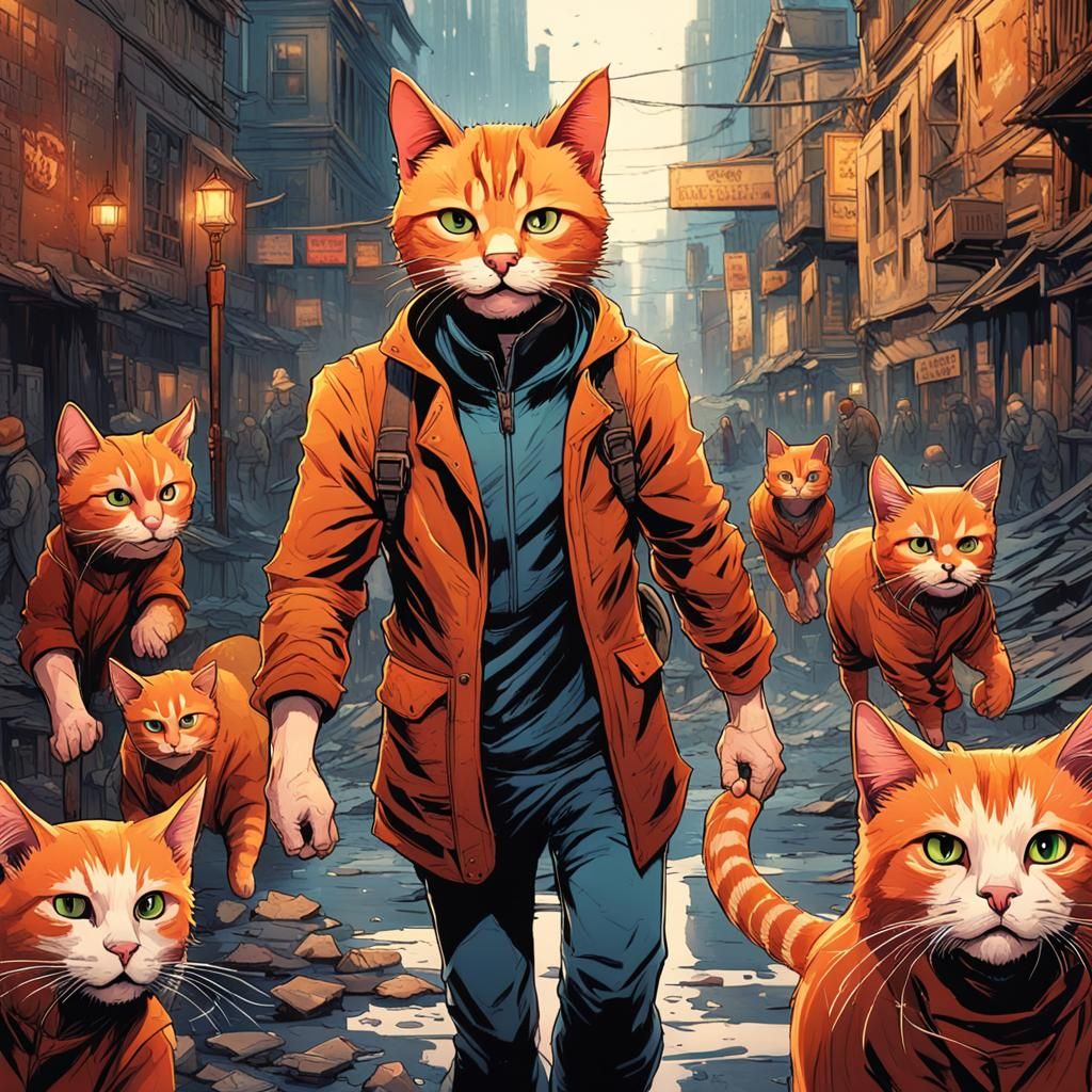 Ginger Cat Humanoid in Decayed City Street