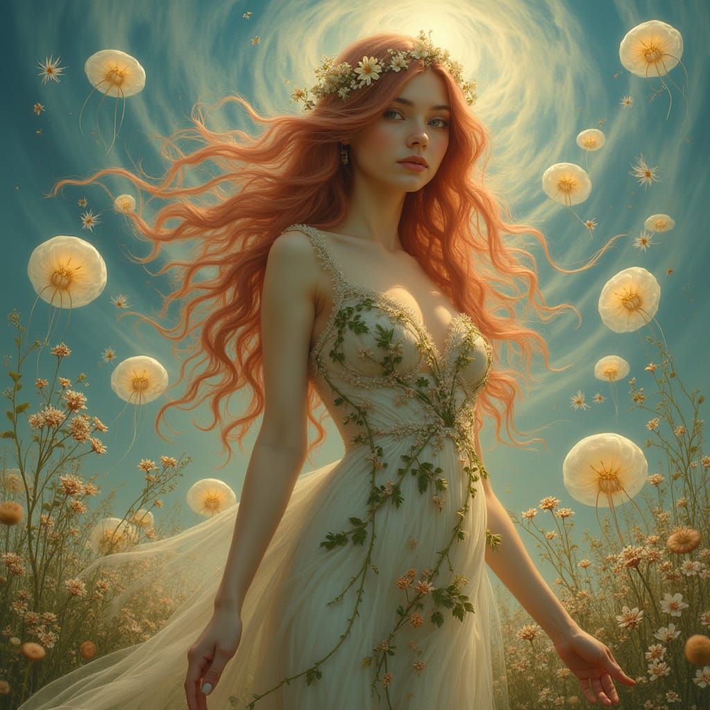 Ethereal Woman in Jellyfish Field, Art Nouveau Style