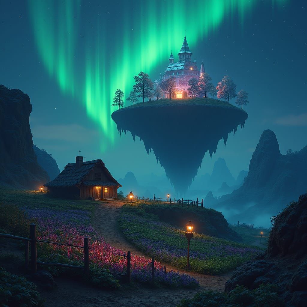 Glowing Island Amidst Aurora Borealis in Art Nouveau Style