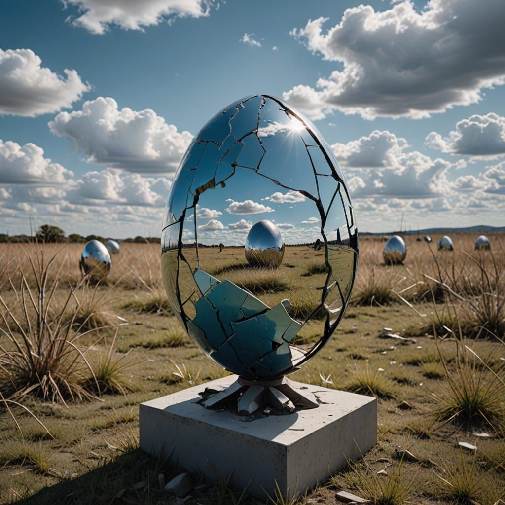 A cracked egg sculpture made of mirrored metal, each fragmen...