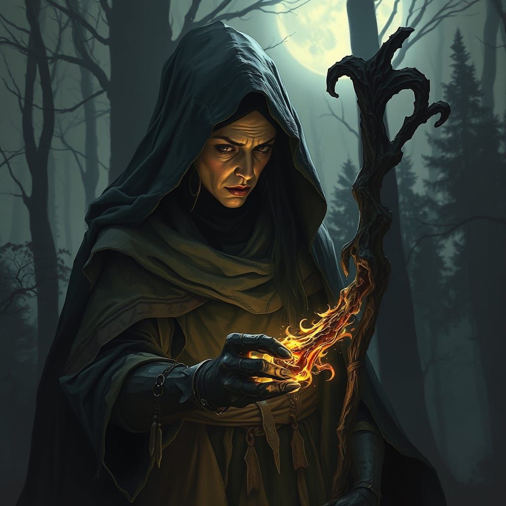 Ancient Sorceress in Moonlit Forest, Sinister Art