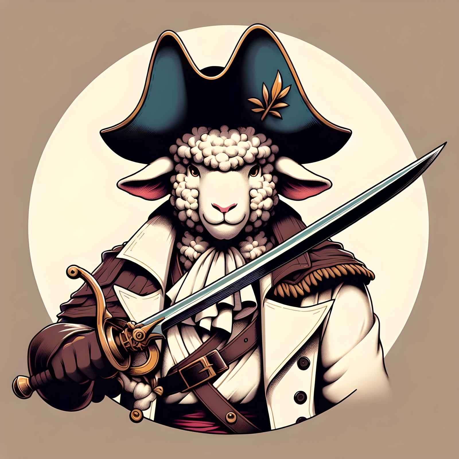 Pirate Sheep with Cutlass, Anime Style Illustration