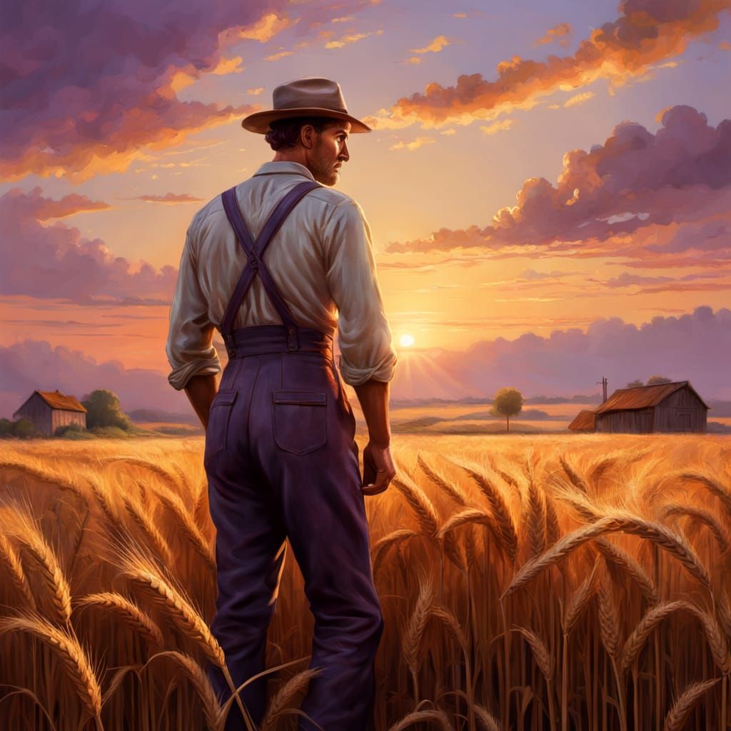 Lone Farmer at Sunset in Golden Wheat Field