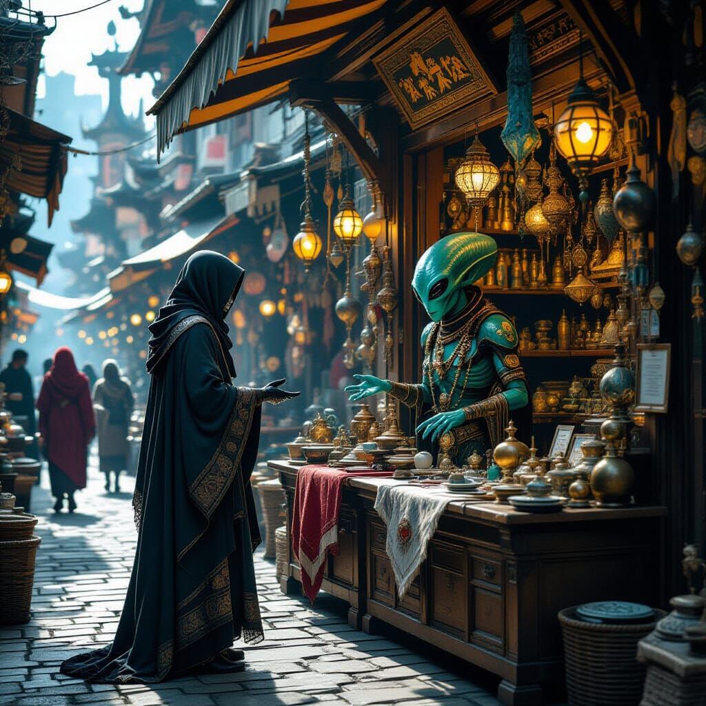 Alien Merchant Haggling Over Artifact: Color-Noir Digital Ar...